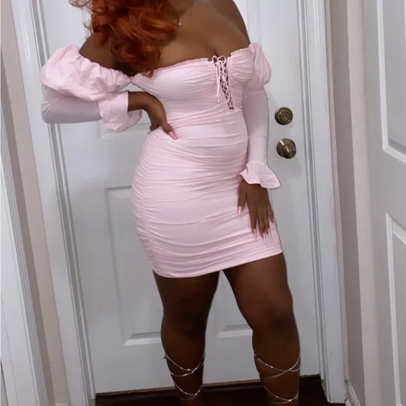 Oh Polly | Dresses | Bardot Puff Sleeve Mini Dress In Pink | Poshmark